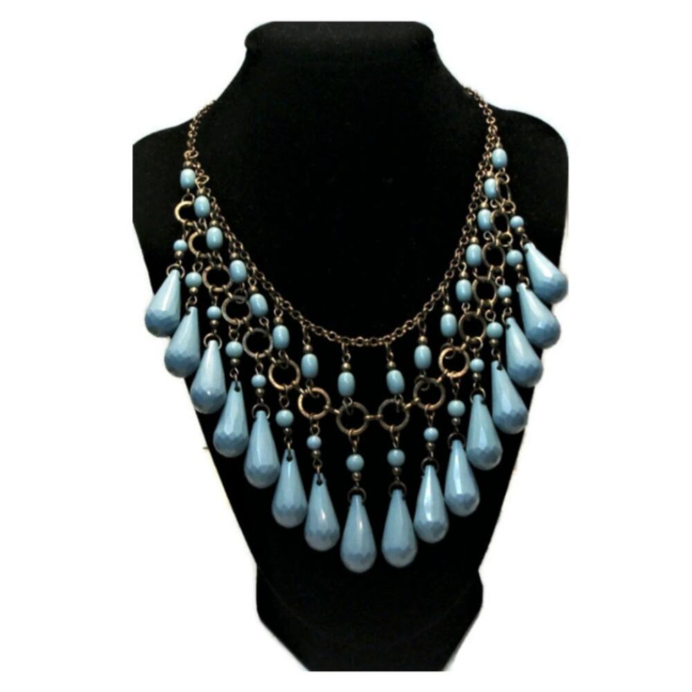 Turquoise 24" Vintage bib statement necklace bronze blue RARE TEAR DROP Beads